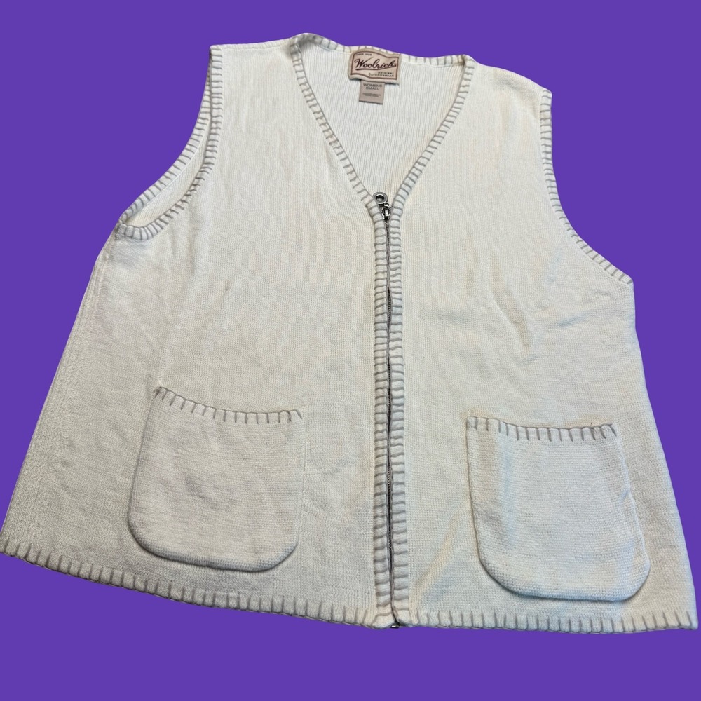 Woolrich Womens Sweater Vest Small Cream Full Zip Knit Pockets Outdoor Casual